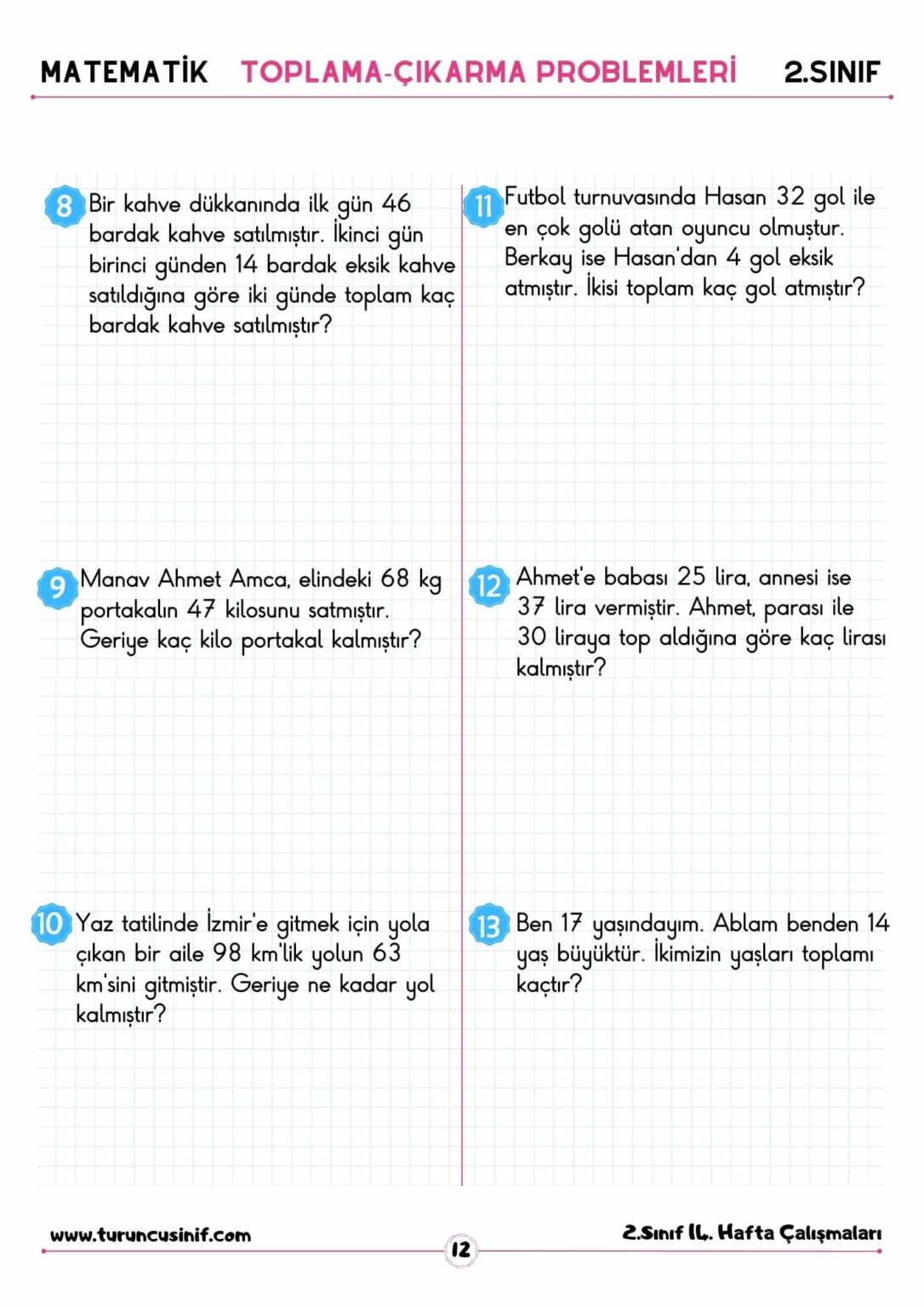 2 Sınıf Toplama Ve çıkarma İşlemi Problemleri Turuncu Sınıf