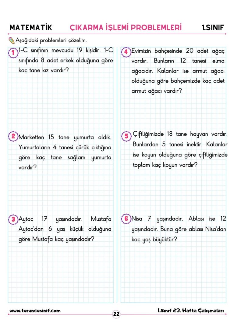 1 Sınıf çıkarma İşlemi Problemleri Turuncu Sınıf